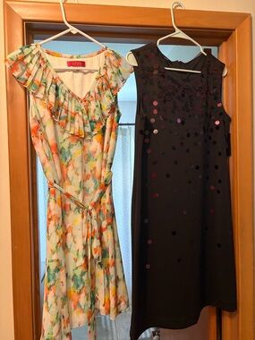 NWT Affani Black Cocktail Dress 10P and Catherine Malandrino Multi flowy dress 8